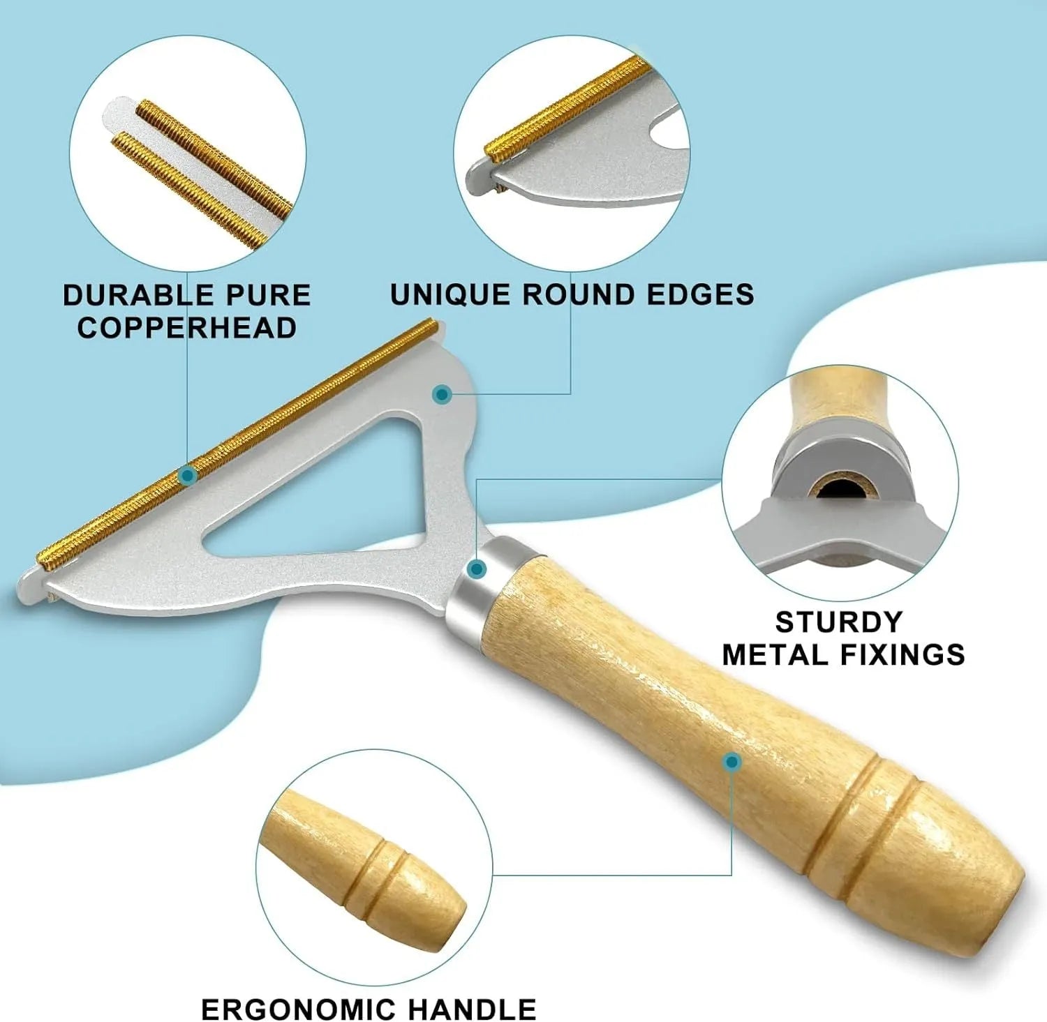 Three-piece pet hair remover set with copper shaver, silicone lint brush and round ABS scraper.
