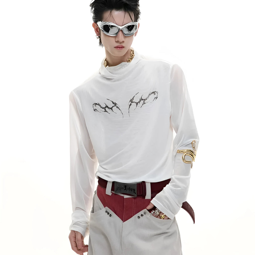 Men's black mesh slim-fit long-sleeved bottoming shirt on a hanger.