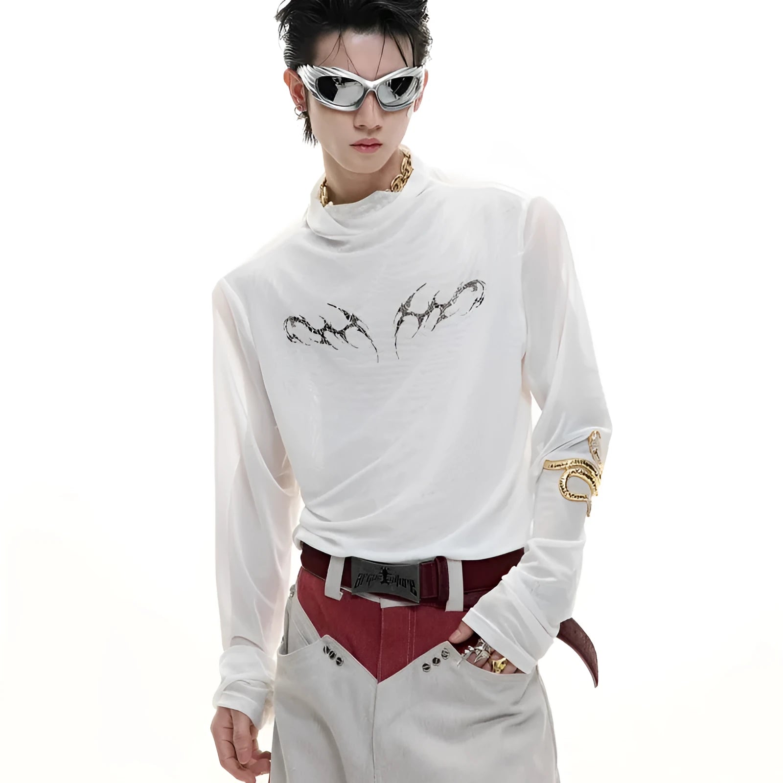 Men's black mesh slim-fit long-sleeved bottoming shirt on a hanger.