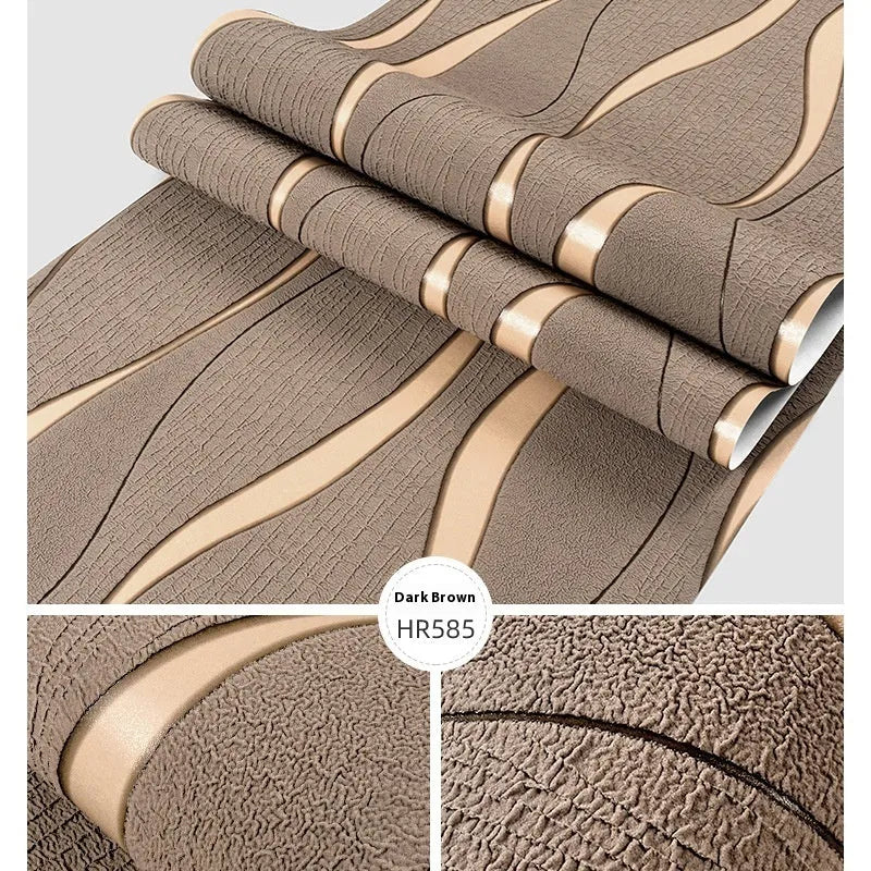Roll of curve stripe patterned 3D wallpaper in dark brown deerskin velvet texture for video wall backgrounds.