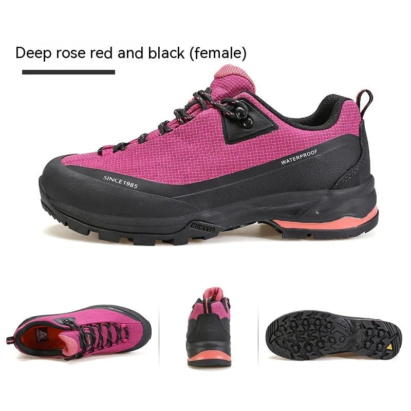 Men's low-top mountain climbing shoes in black with non-slip rubber outsole and lace-up design
