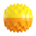 Blue and orange squeaky spiky rubber dog ball for aggressive chewers and dental health.