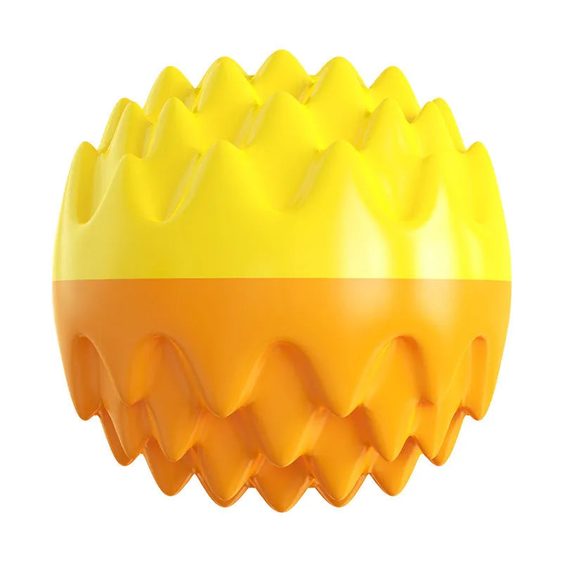 Blue and orange squeaky spiky rubber dog ball for aggressive chewers and dental health.