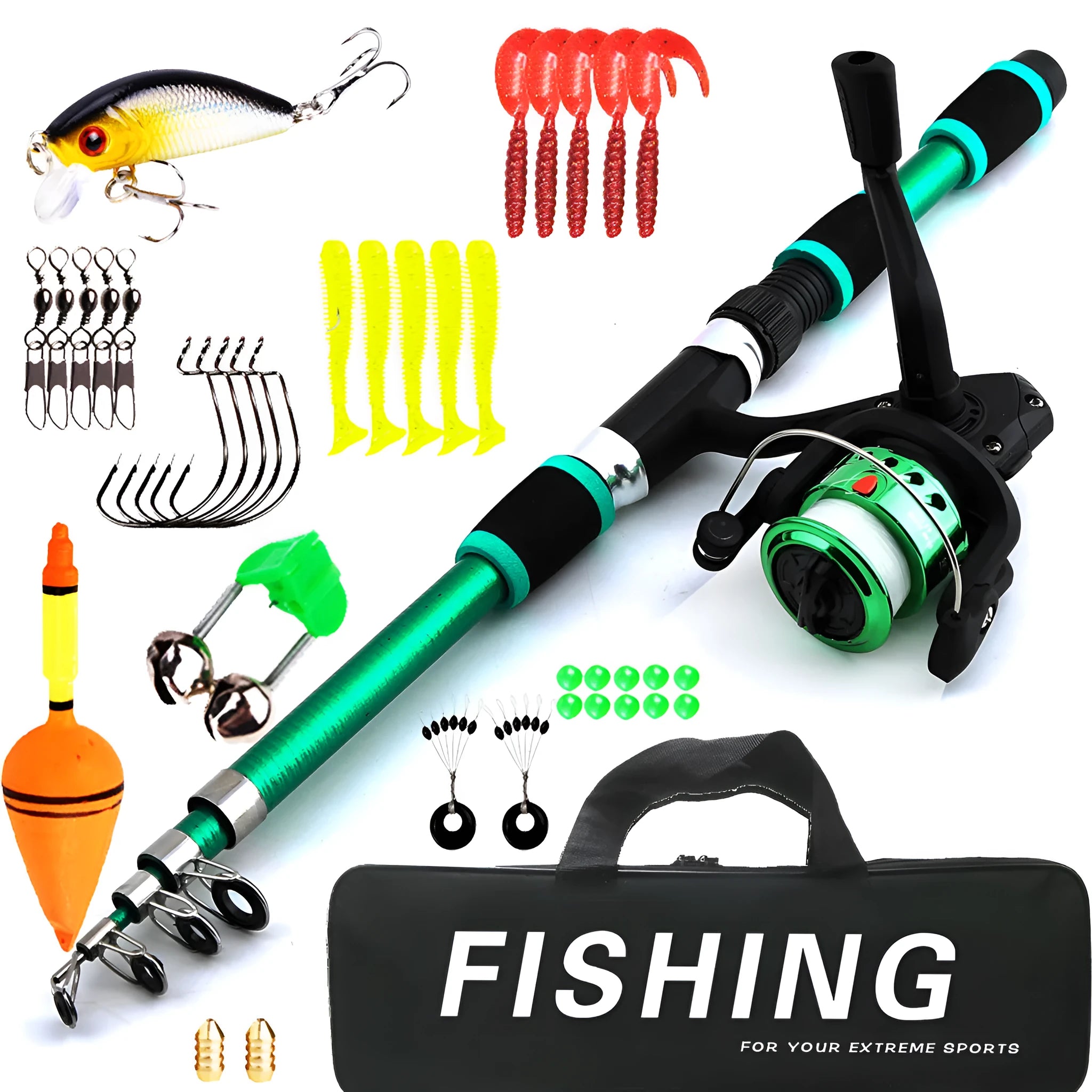 Children's fishing rod with integrated pole and wheel in blue, green, red or yellow colours