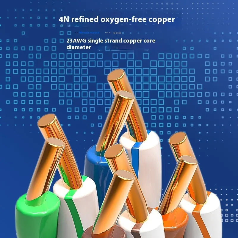 A box of blue 305-metre long Cat6/Cat6a oxygen-free copper network cable on a reel.