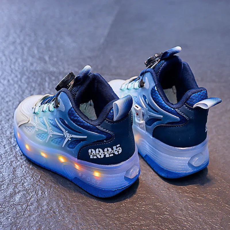 Blue children's roller skates with striped pattern and a rotating button fastener on a solid ground surface.