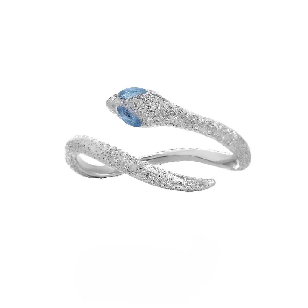 Silver snake design ring with adjustable opening and platinum colour electroplated finish