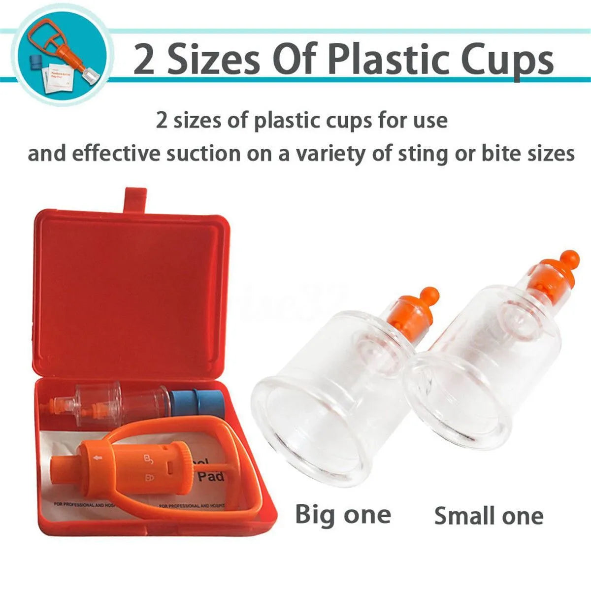 Orange outdoor venom vacuum suction device with two suction cup sizes and first aid accessories