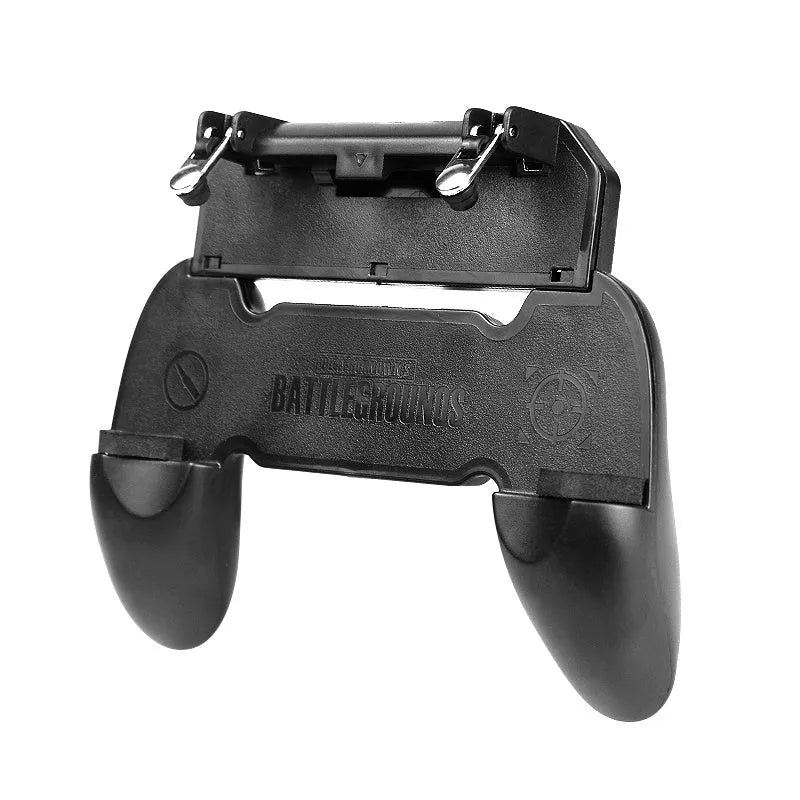 Black mobile phone gamepad handle showing physical buttons and plug-in connection