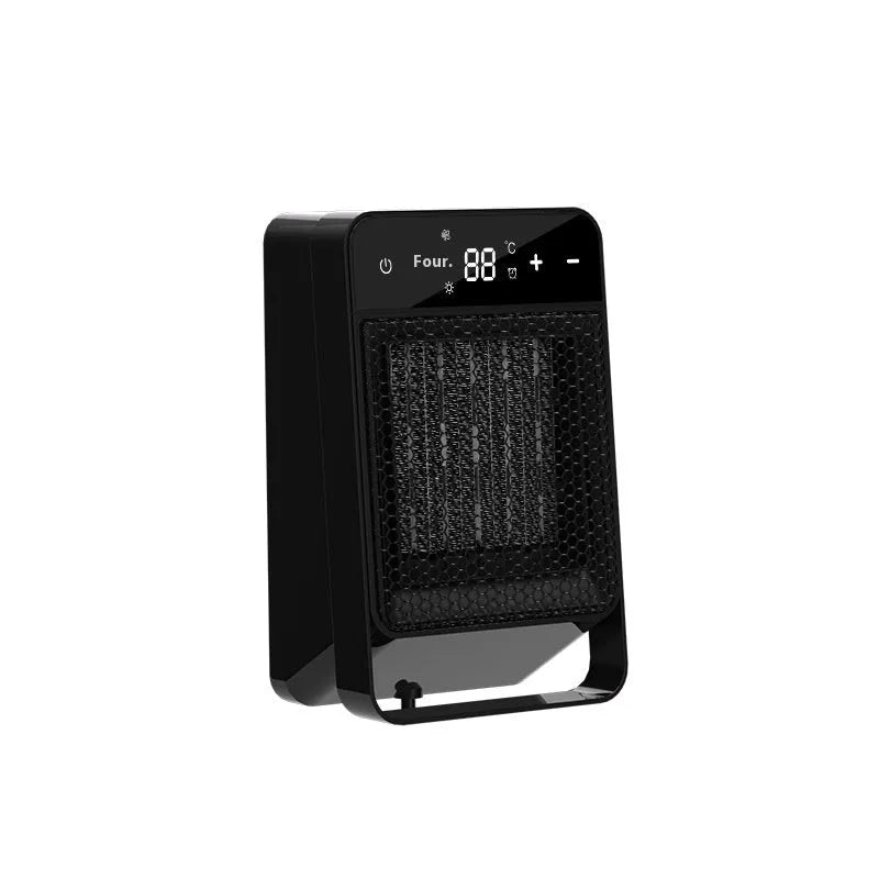 Desktop electric heater with digital touch screen display and remote control on a wooden desk.
