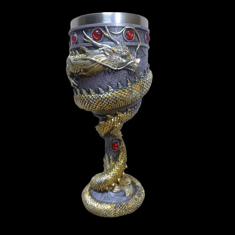 Red wine glass with Chinese dragon 3D design in stainless steel and resin, gold or red finish