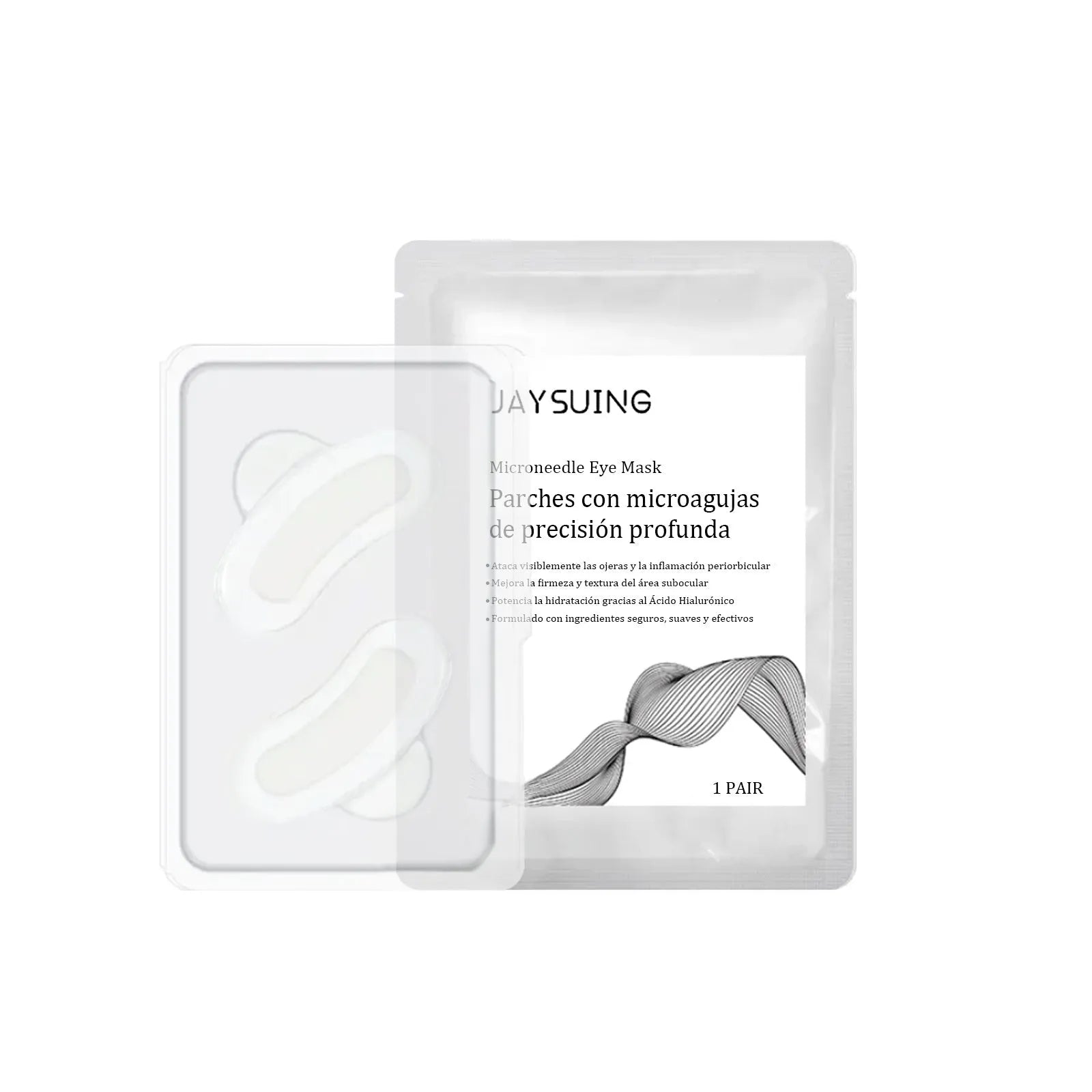 Single pair of microneedle eye patches for under-eye treatment with hyaluronic acid and retinoic acid.