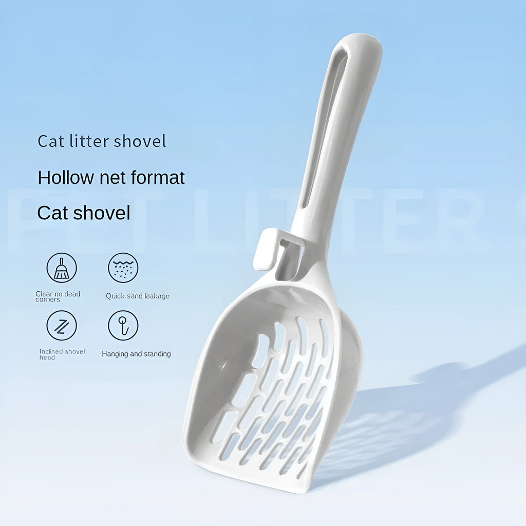 Grey plastic cat litter scoop with a detachable waste-catching base on a white background.