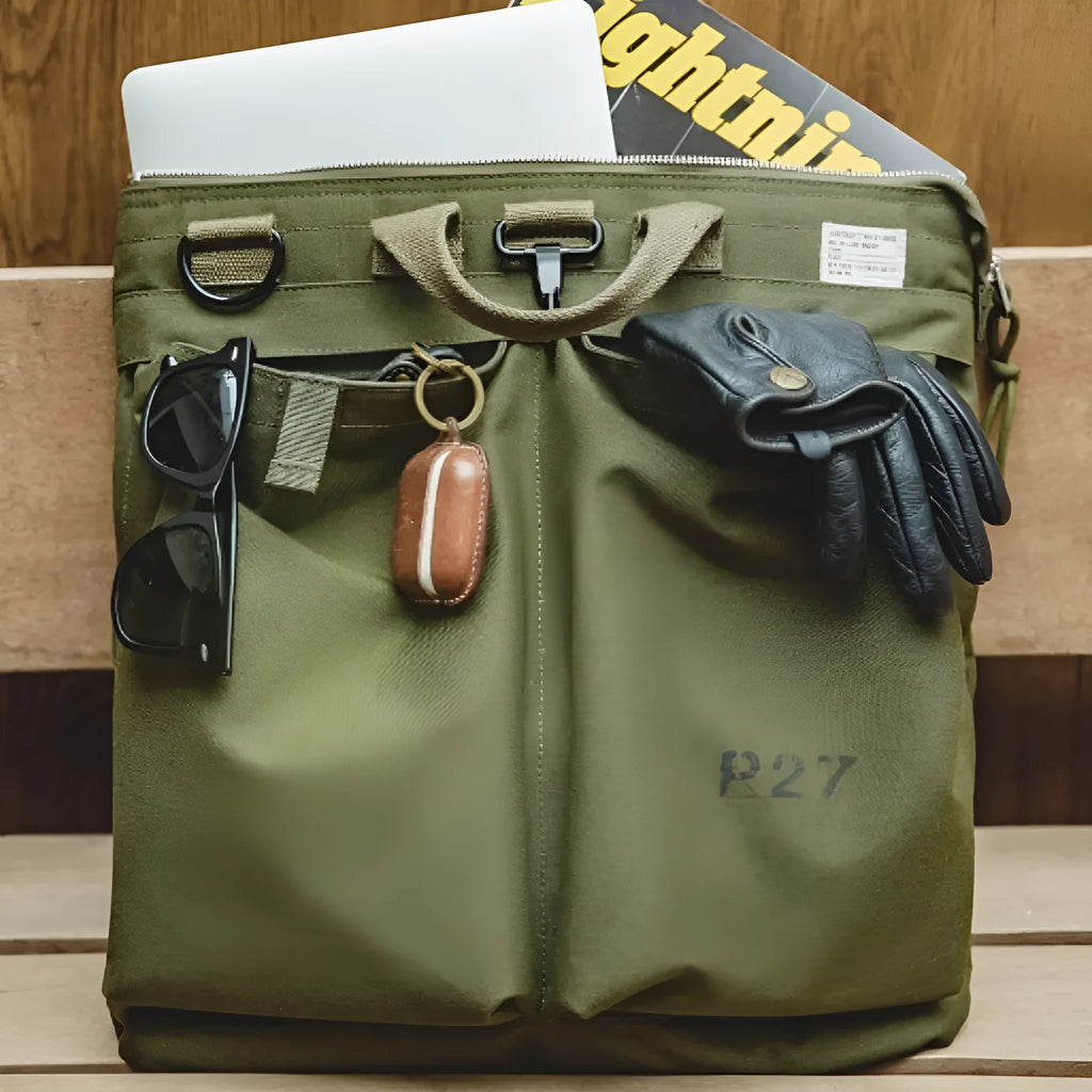 Marden Tooling Helmet Canvas messenger bag in charcoal black with crossbody strap and zipper closure