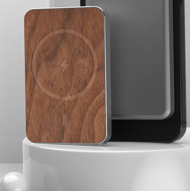 Khaki magnetic wireless charging bank 5000mAh with alloy shell and USB port