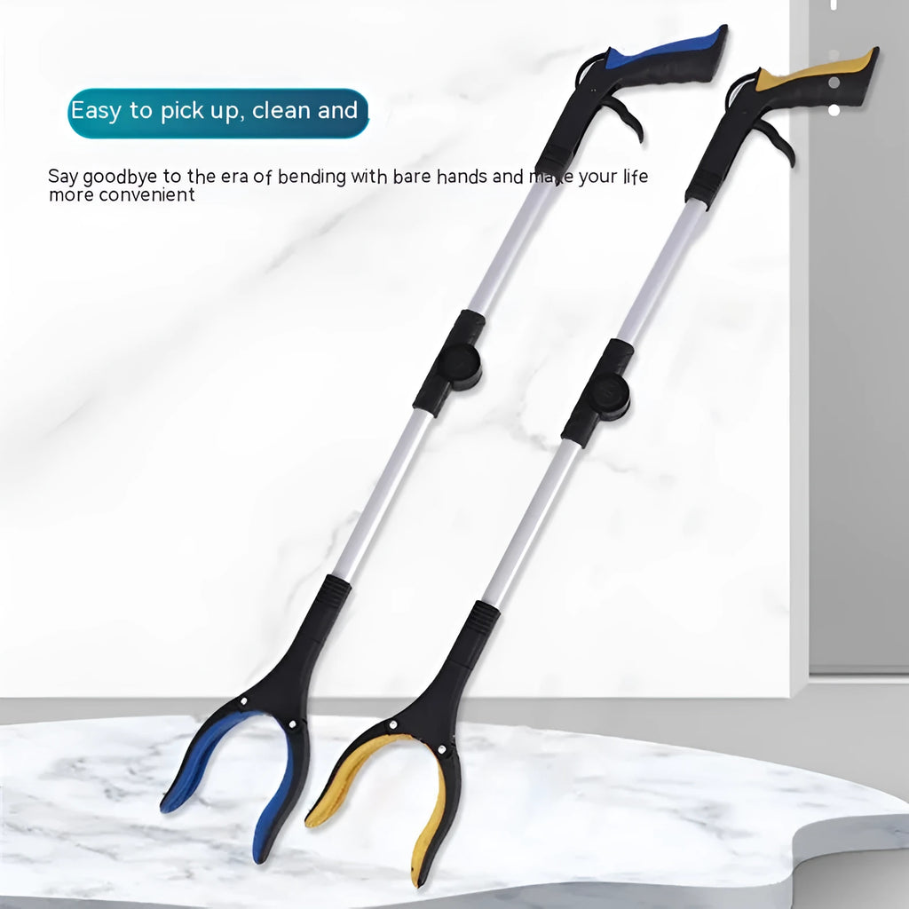 Foldable aluminium garbage clamp showing extended and folded positions with magnetic sucker and coloured handle options