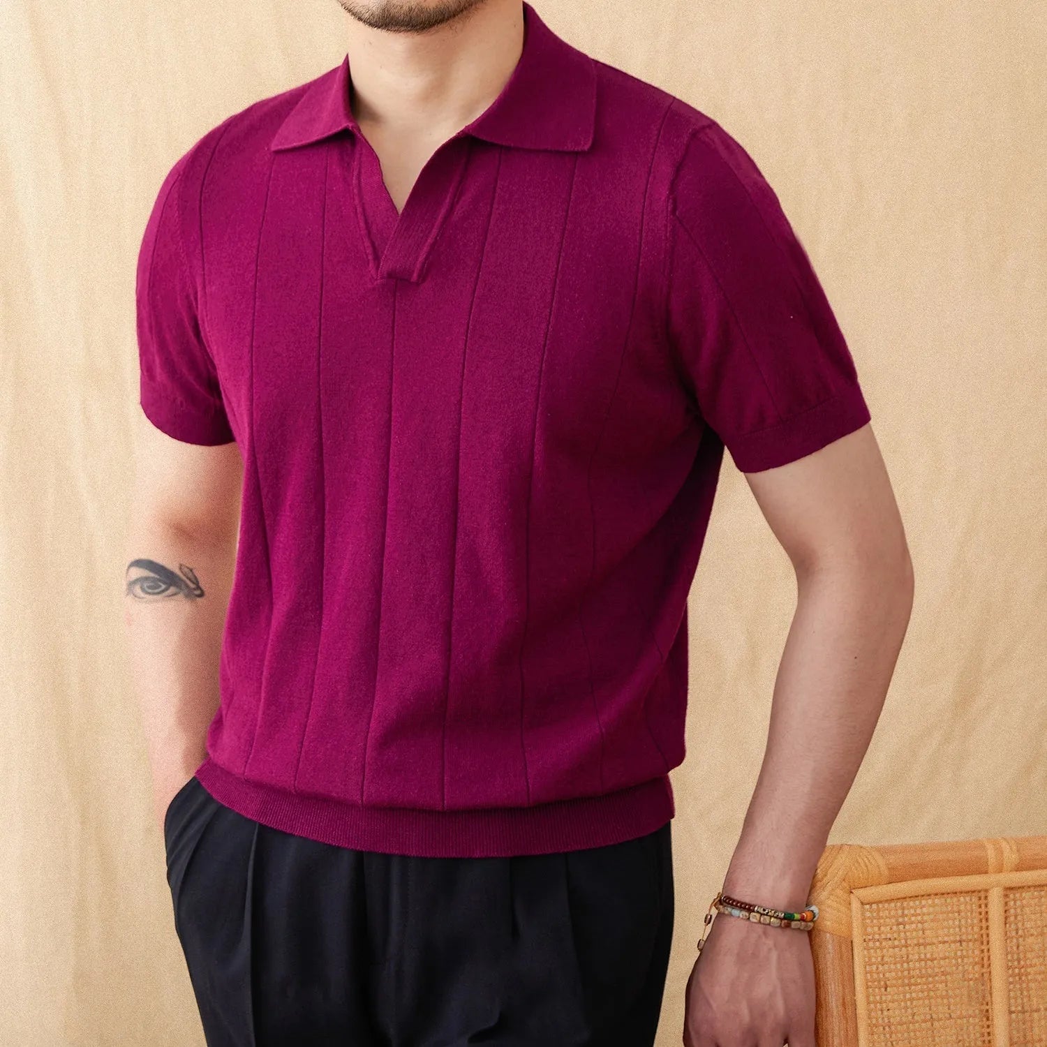 Men's cotton and linen blended polo shirt with seagull collar in multiple colour options