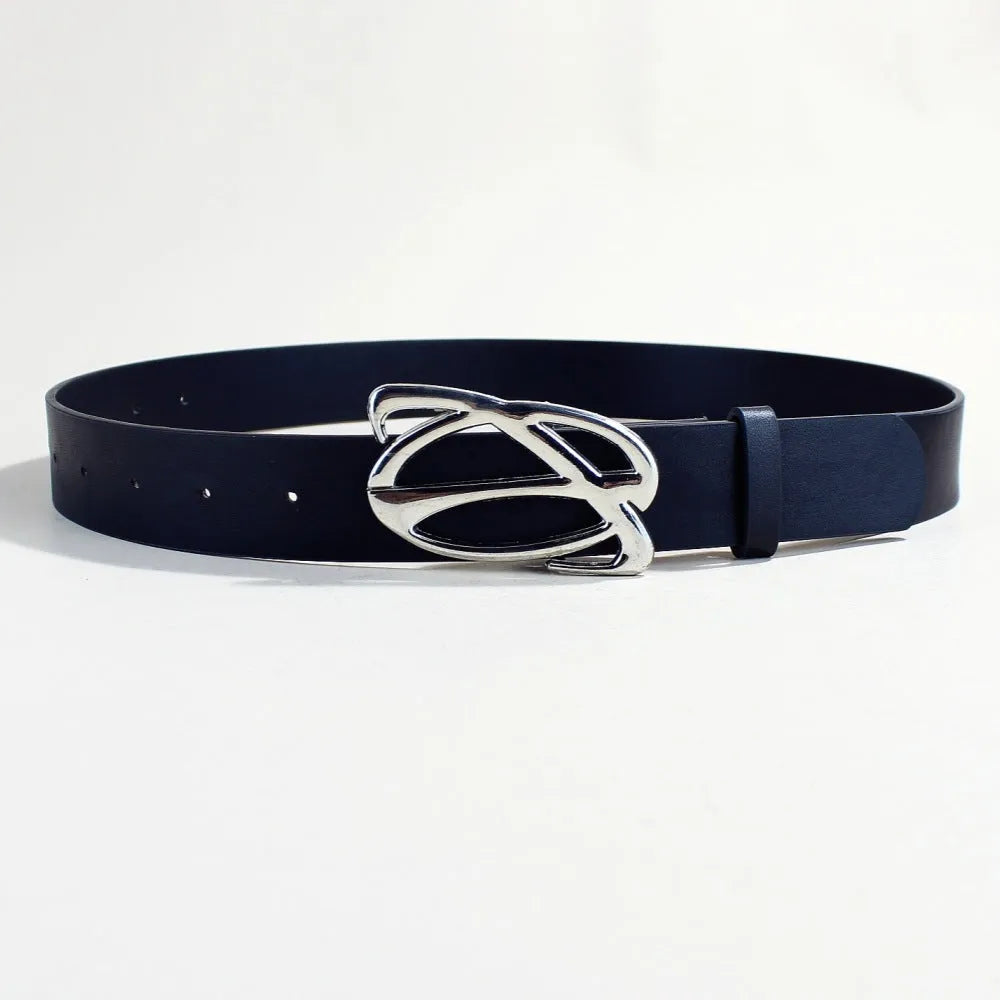 Casual silver buckle belt made from black PU leather with a 105cm length