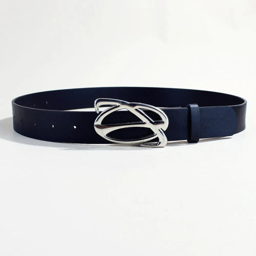 Casual silver buckle belt made from black PU leather with a 105cm length