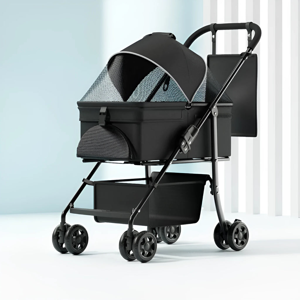 Black metal pet cart with folding frame and large transport capacity