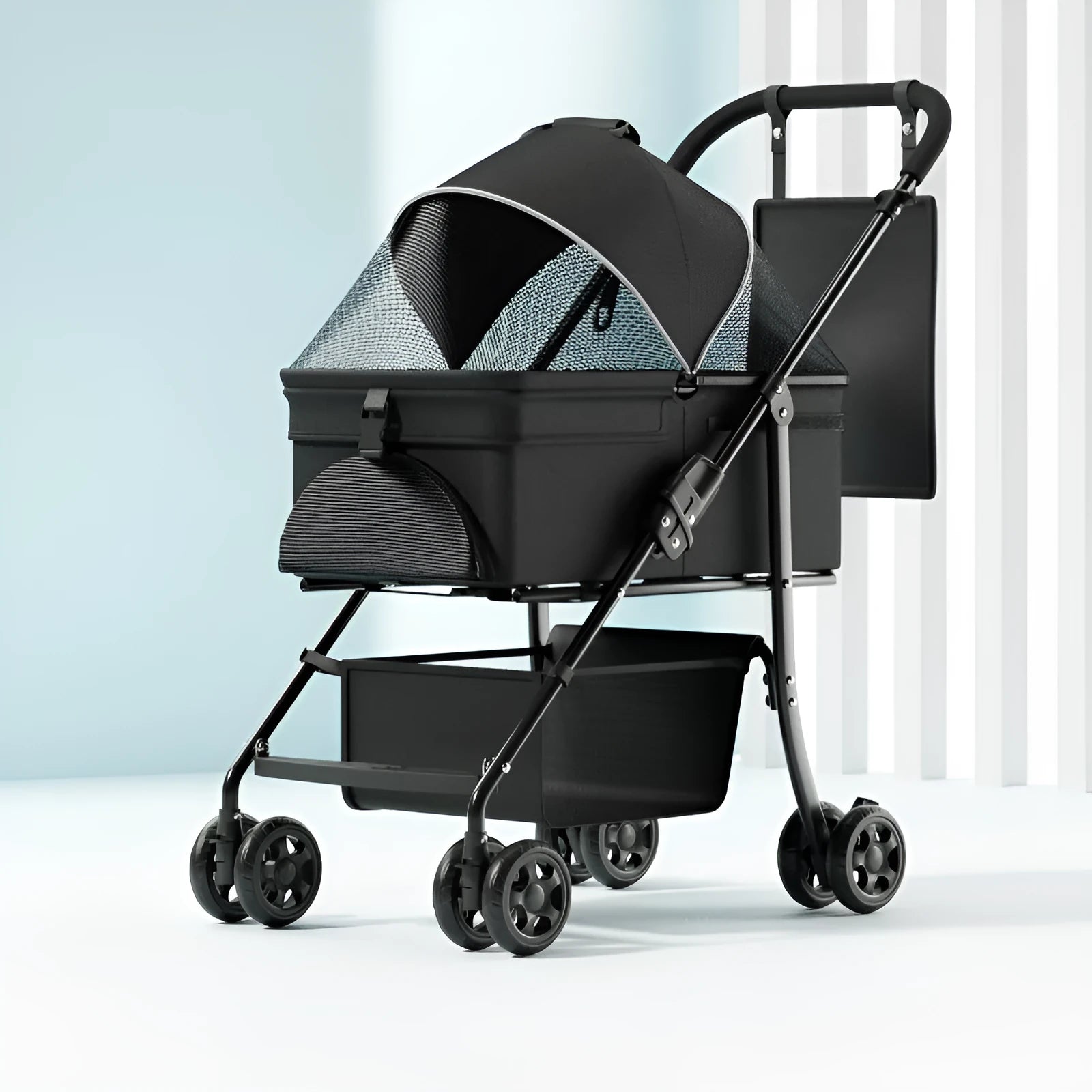 Black metal pet cart with folding frame and large transport capacity