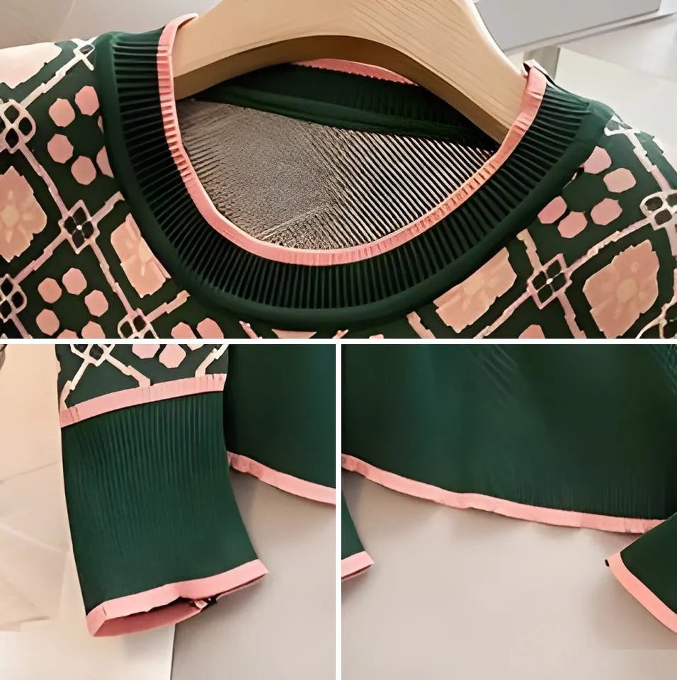Green loose-fit women's printed sweater with regular sleeves.