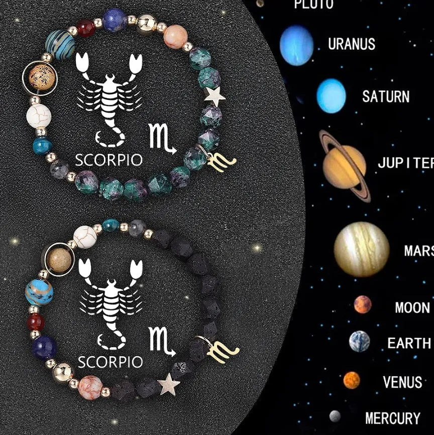 Complete set of twelve zodiac sign bracelets with natural stone beads and adjustable closures