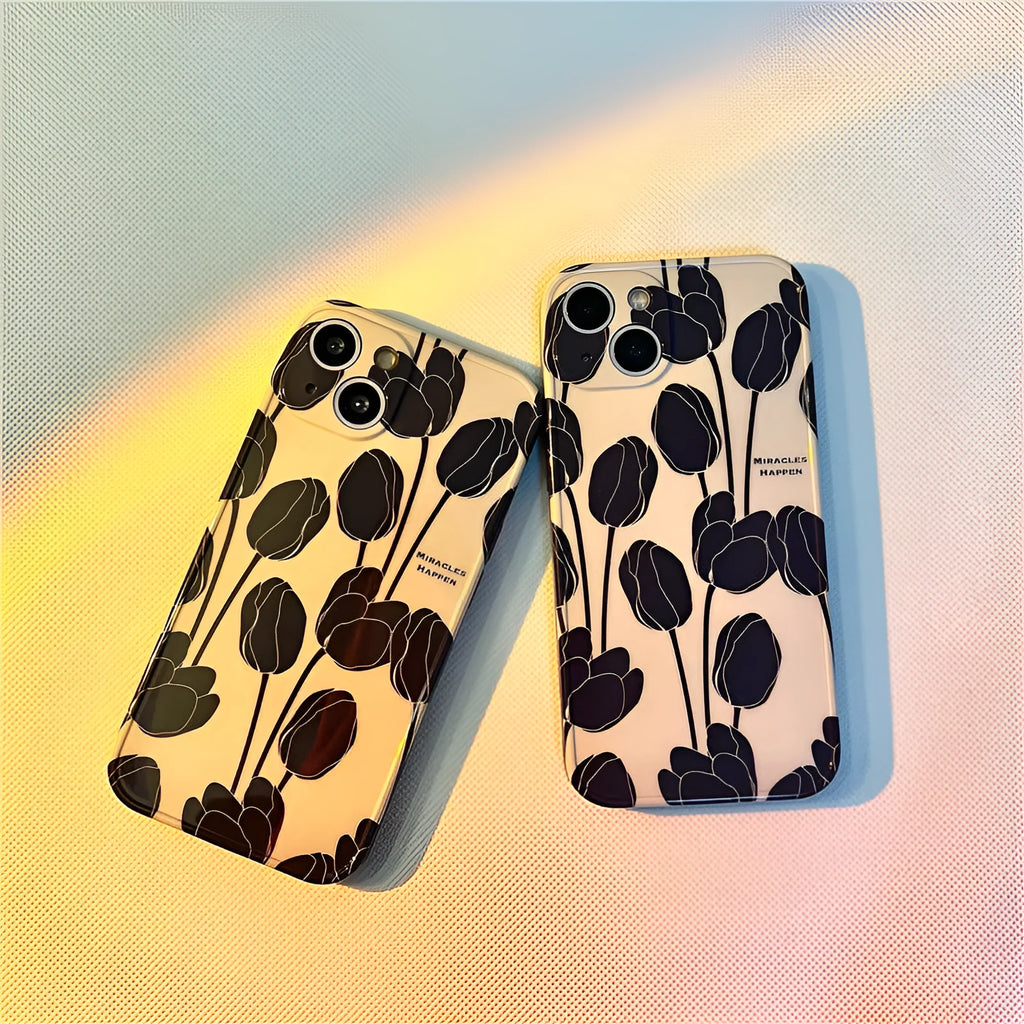 Black silicone phone case with a tulip floral pattern for iPhone.