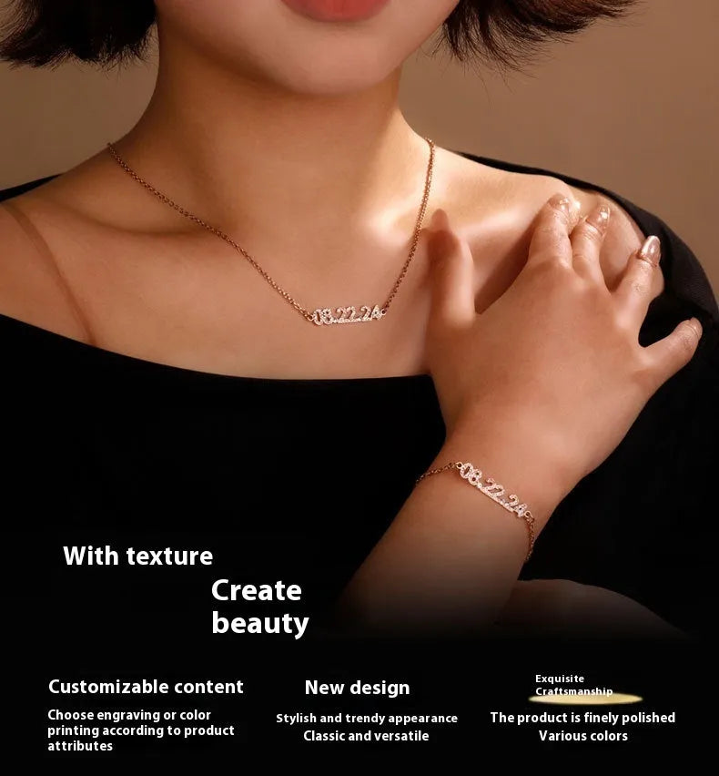 Stainless steel digital bracelet with diamond studded numbers, matching necklace option