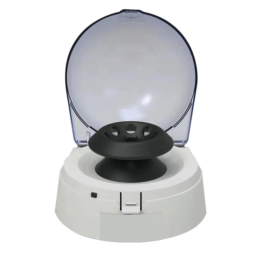 Compact mini laboratory centrifuge on benchtop showing 157mm width and 170mm height dimensions