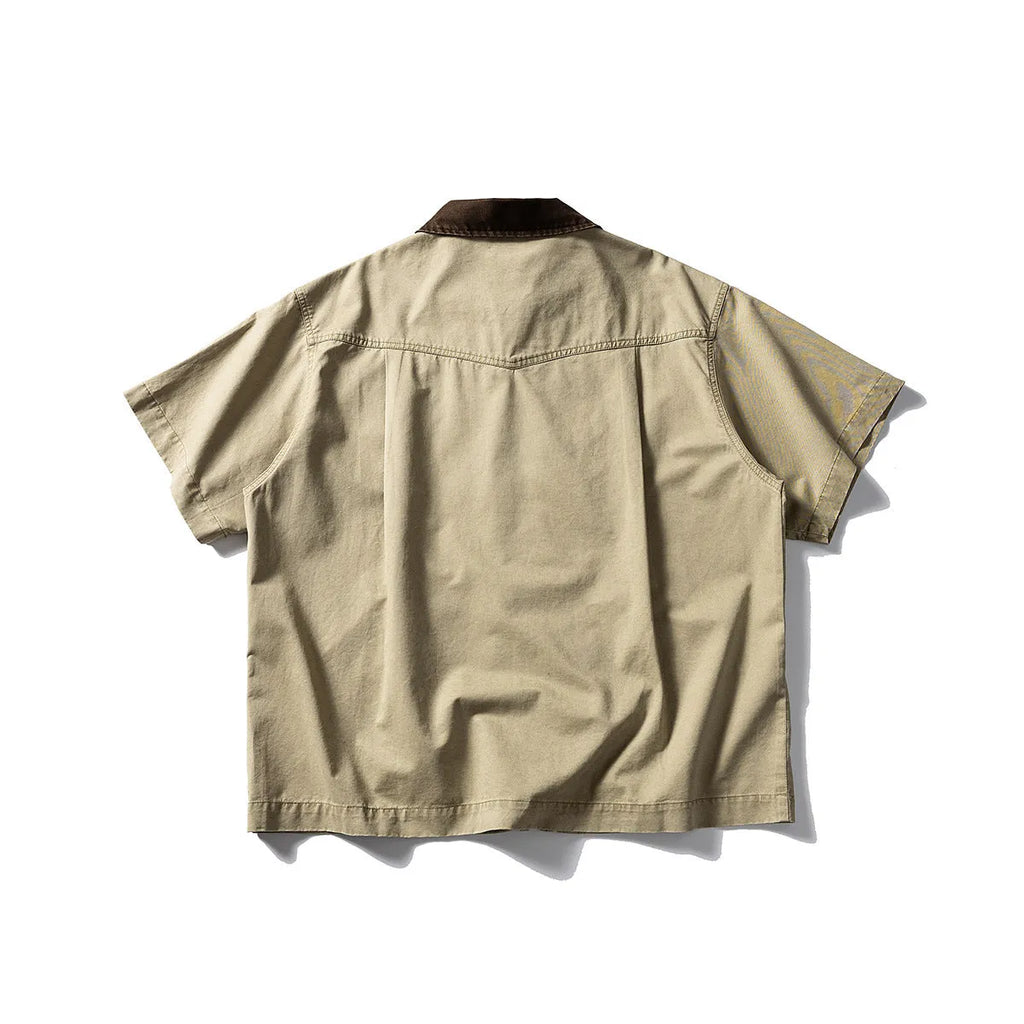Khaki washed cotton short sleeve overalls shirt loose fit on hanger
