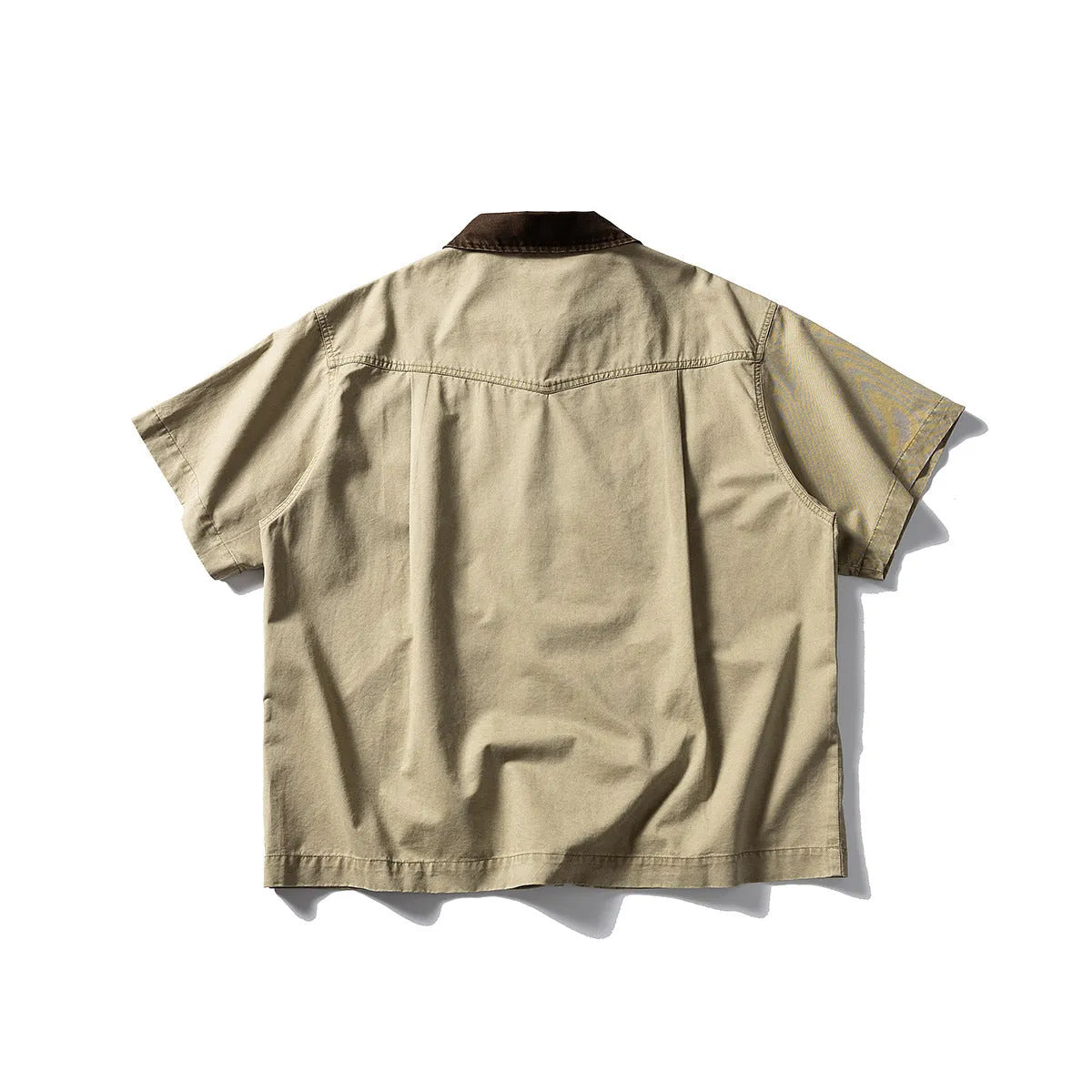 Khaki washed cotton short sleeve overalls shirt loose fit on hanger