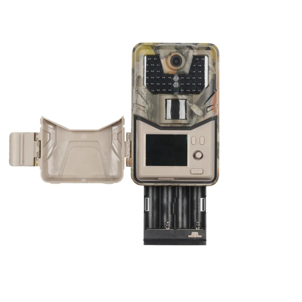 Camouflaged outdoor trail camera showing lens, infrared LEDs, and compact body for wildlife and security monitoring.