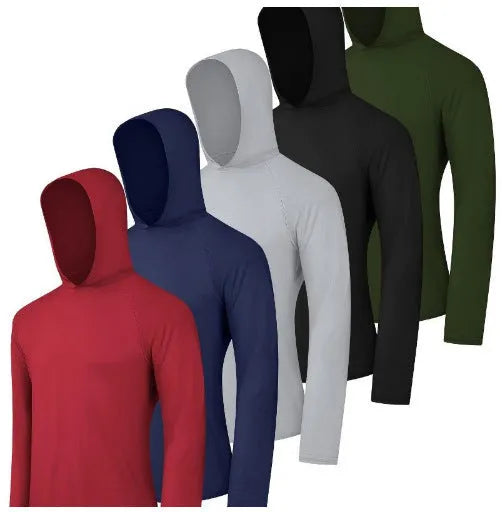 Pack of four men's lightweight hoodies in elastic polyester fibre, shown in various colours.