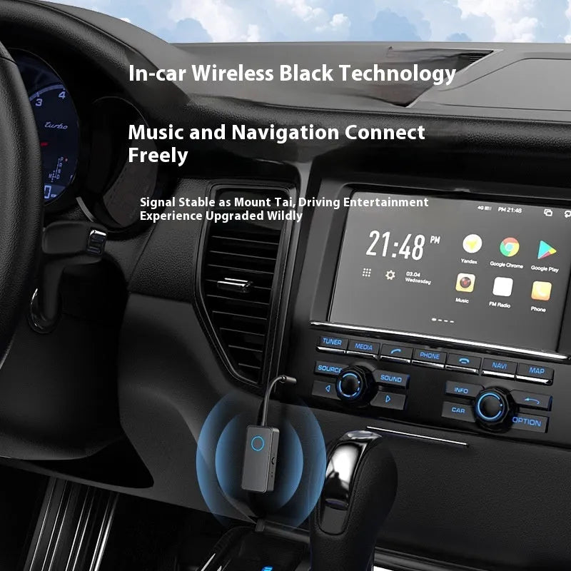 Black Bluetooth 5.4 audio adapter with flexible 3.5mm plug for wireless streaming to car stereos and headphones.