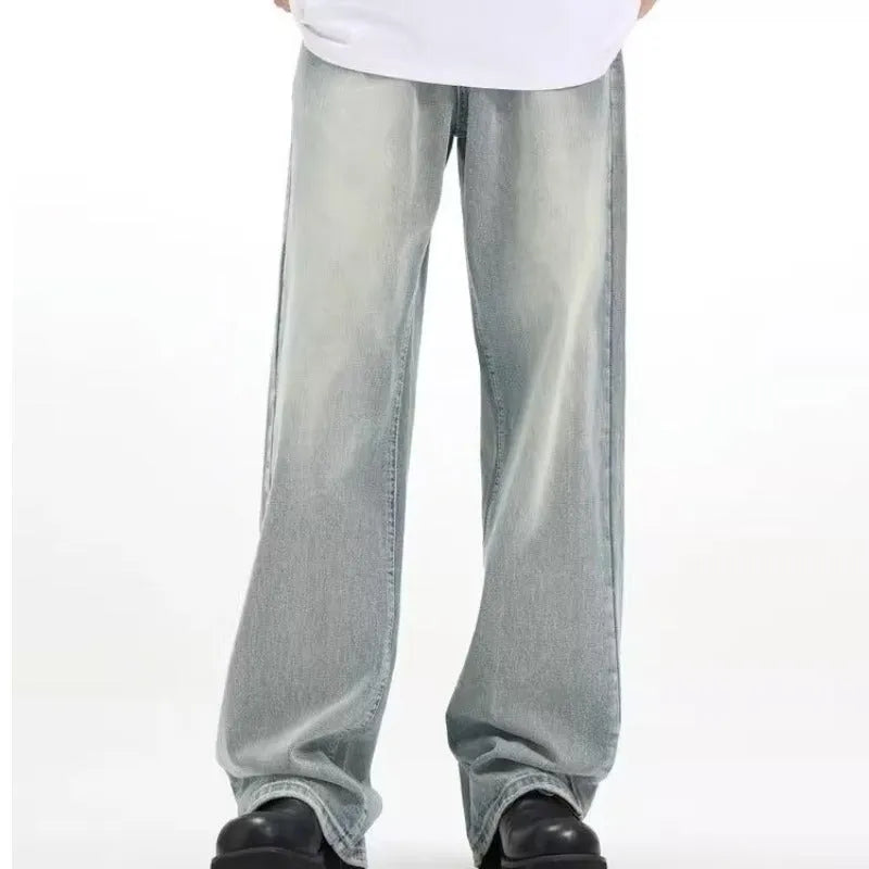 Blue retro-style loose casual trousers made from rabbit fur fabric on a plain background.