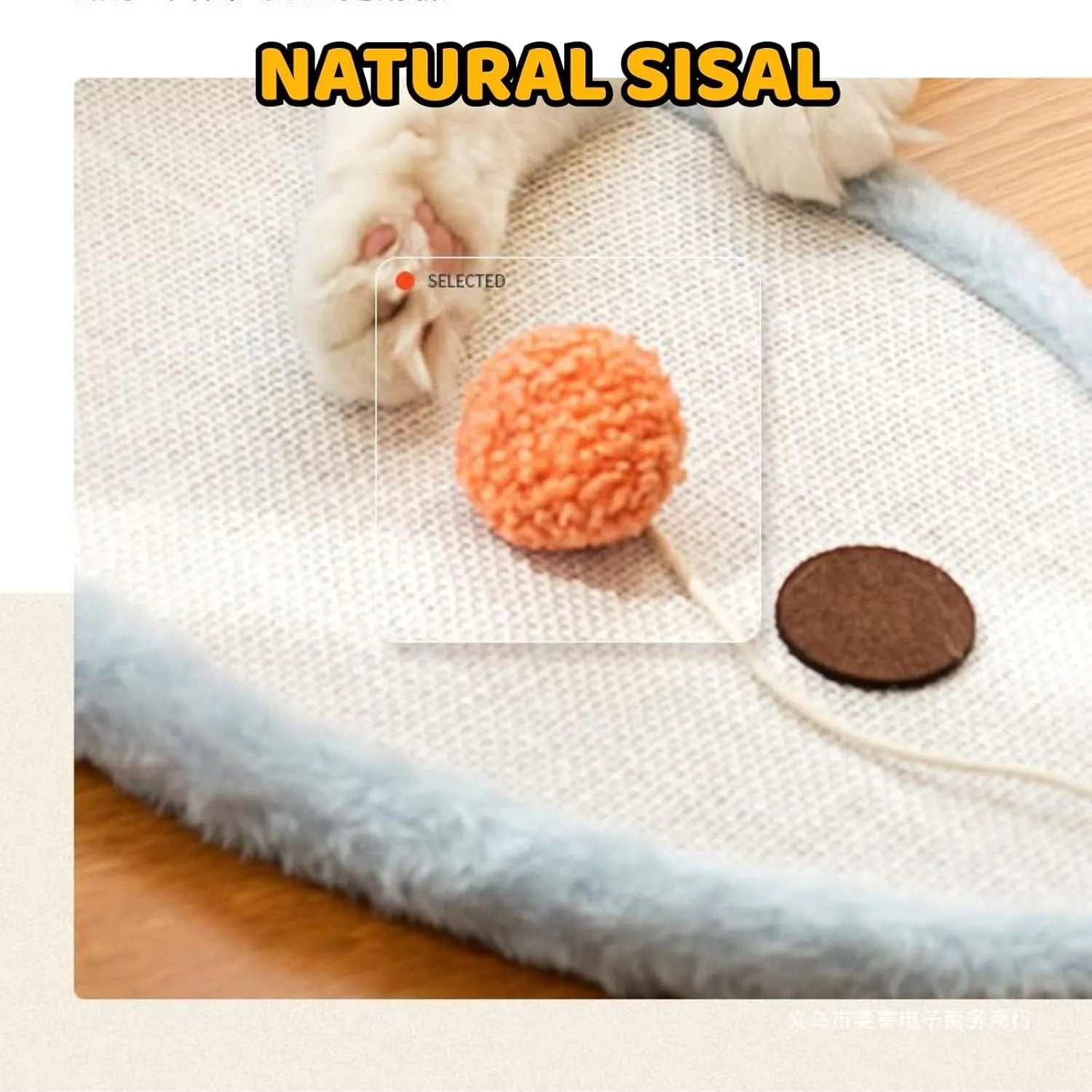 White cat scratching mat with sleeping cat pattern and curved shape