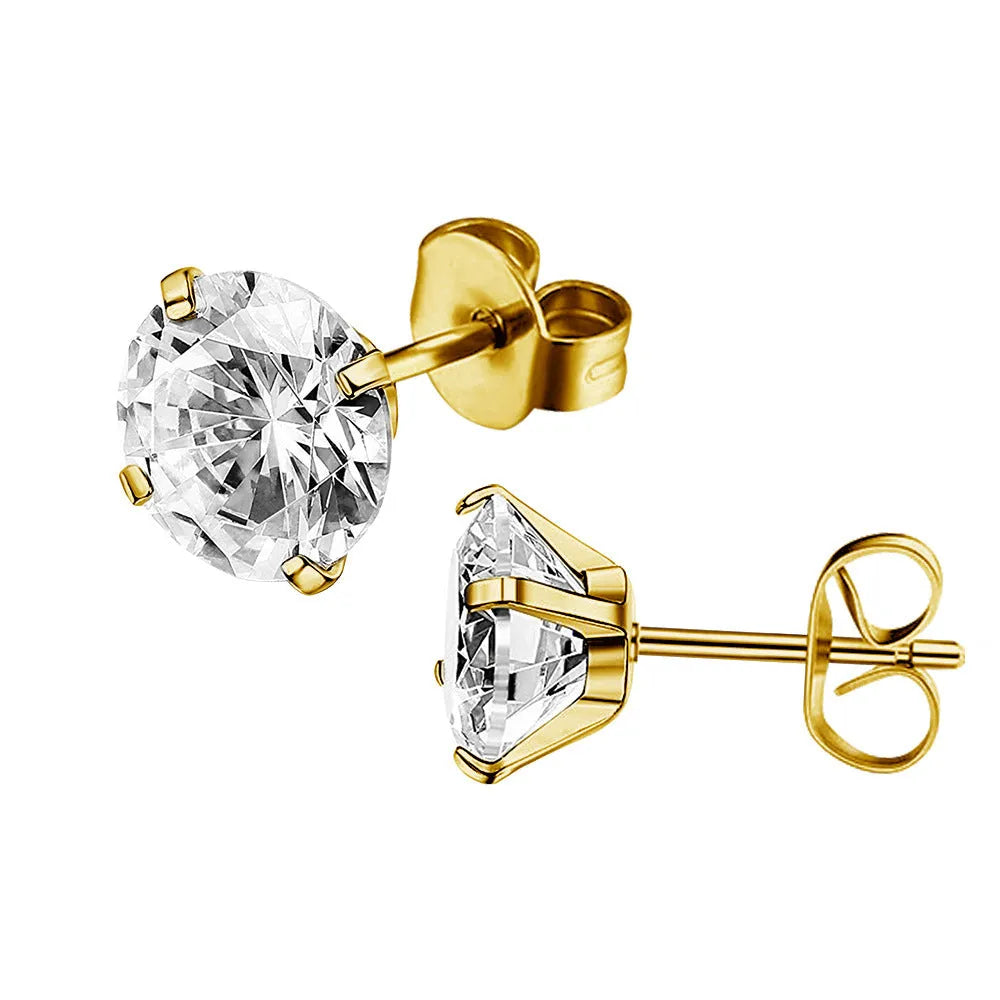 Square geometric stainless steel zircon stud earrings in gold and steel colour finishes