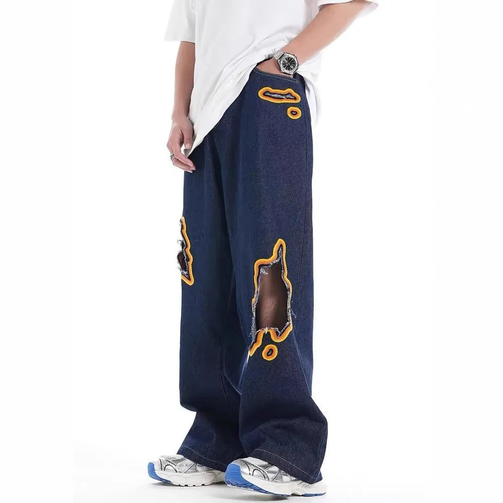 Casual Straight-Leg Trousers Cotton Blend Fabric Retro Washed Ripped Embroidery Niche Design Loose Fit Zipper Fly Sizes S-4XL White Unisex Everyday Wear