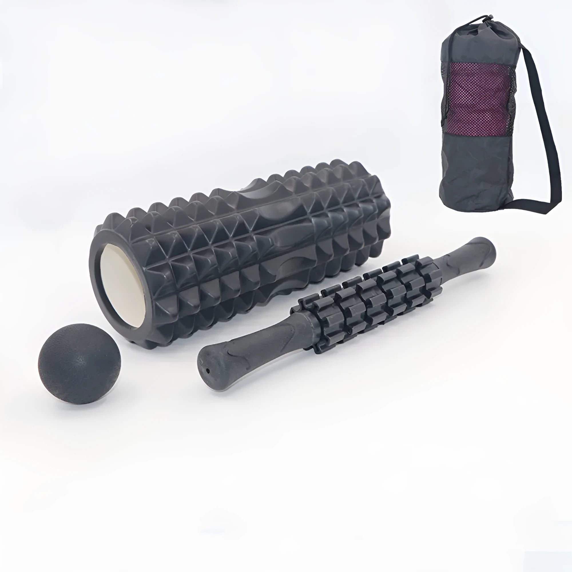 Black fitness foam roller measuring 33cm with EVA and PVC construction for muscle massage