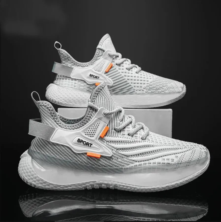 Men's white mesh platform sneakers with flat rubber sole and front lace-up closure