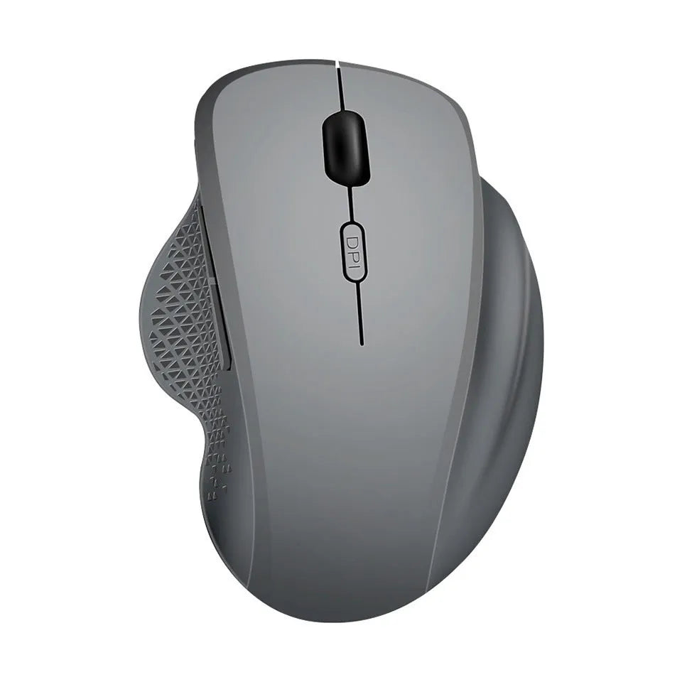 Self-charging wireless mouse for laptops in black or grey with compact design and charging cable