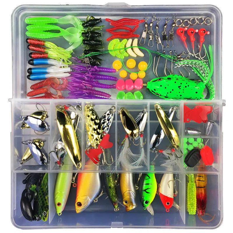Junior entry-level fishing bait lure suit set in a PP storage box, showing multiple lure types.