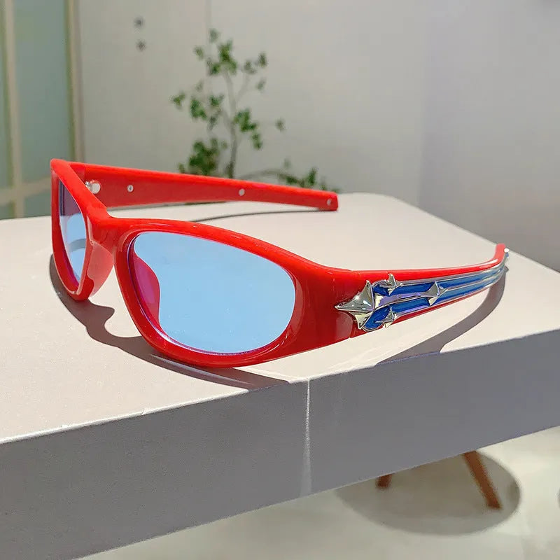 Outdoor sports sunglasses with PC frame in black with blue lens, windproof design for active wear