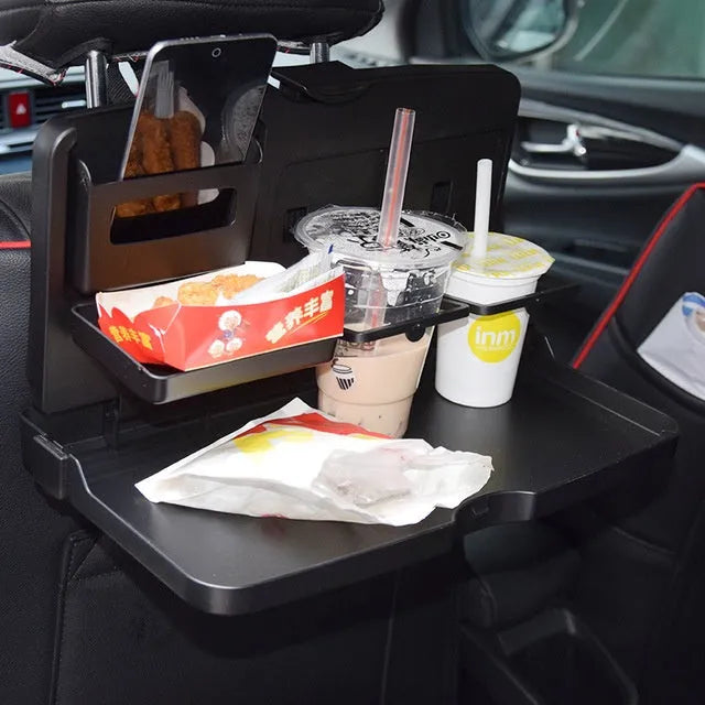 Car back seat folding table in black PP plastic with dimensions 340x200x30mm for holding drinks and phone