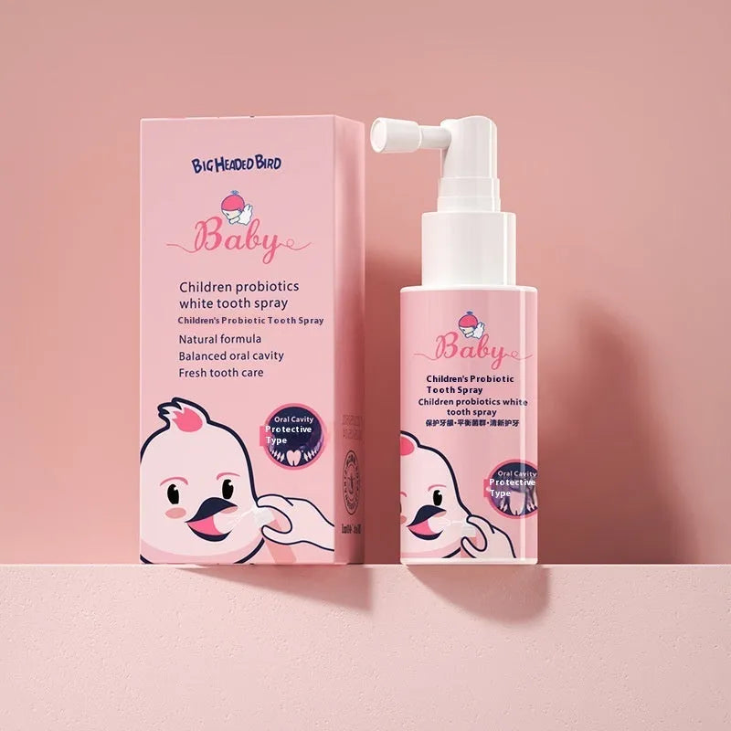 Children's probiotic white teeth cleaning spray in strawberry and orange flavours, 40ml bottle