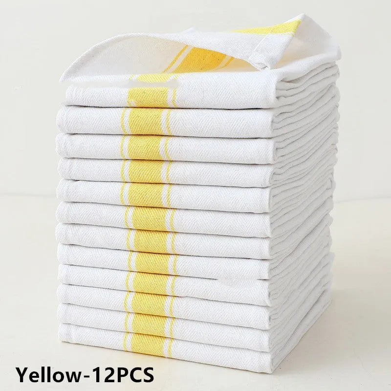 Set of twelve striped cotton blend kitchen dish towels in various colours, each measuring 48 by 70 centimetres.