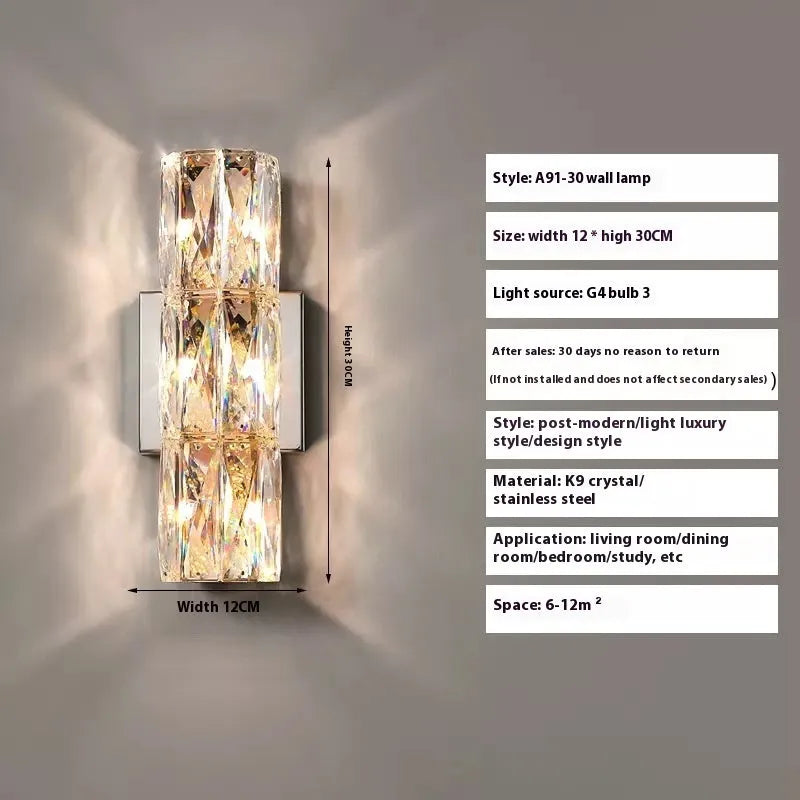 Crystal wall lamp with metallic finish and LED tri-colour lighting in multiple size options