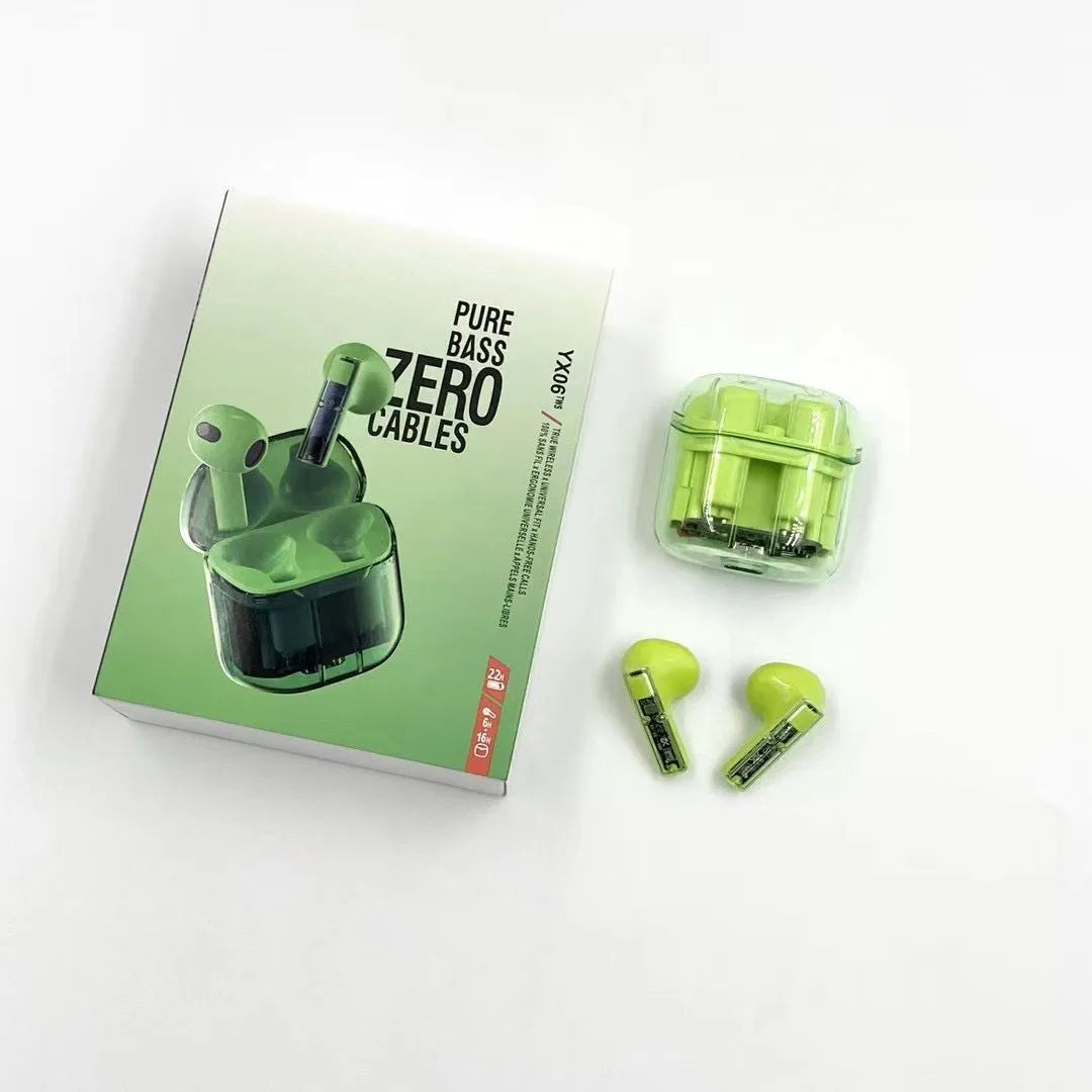 YX06 transparent cabin wireless TWS headphones in black, green, orange, and white colour options