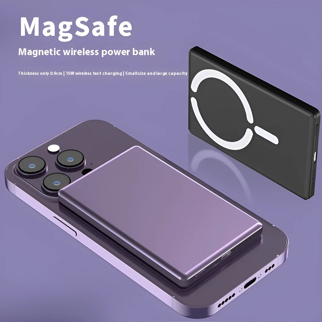 Ultra-thin magnetic power bank in dark gray, silver, black, or violet colour with alloy shell.